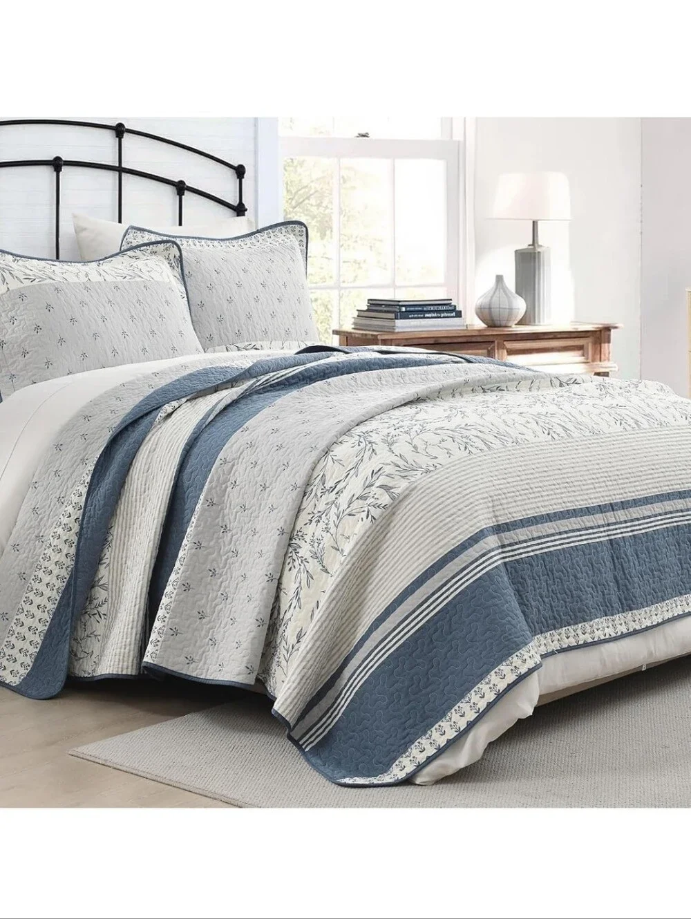 DDUOXIN 100% Cotton King Quilt - Modern Stripe Botanical Quilts 2 Pillow Shams